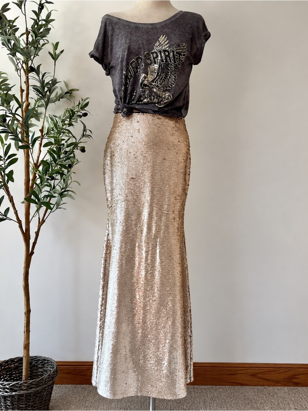 Lucy Paris Champagne Gold Metallic Maxi Skirt | Mermaid Slip Skirt | Y2K Glam |